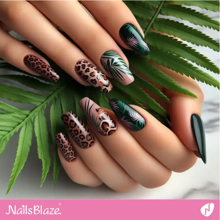 Leopard Print and Fern Leaves Nail Design | Nature-inspired Nails - NB1557